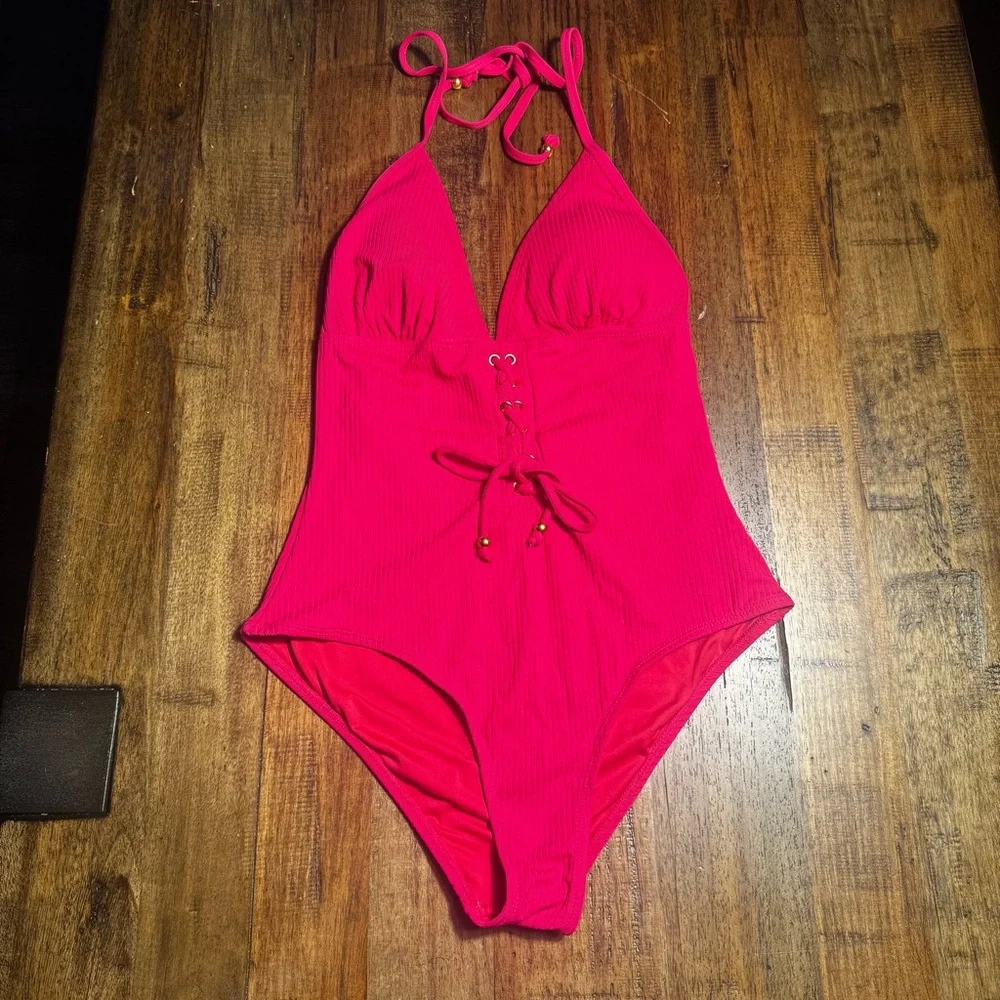 EUC Bongo Pink Ribbed Plunge Lace-Up One Piece‎ Swimsuit Size Large